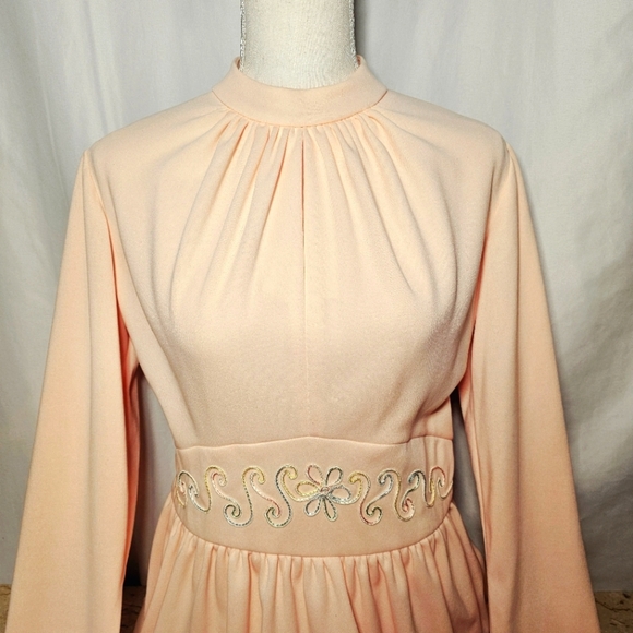 Vintage 70's Sears Fashions Feminine Peachy Pink Polyester Long Sleeve Dress - Picture 1 of 7